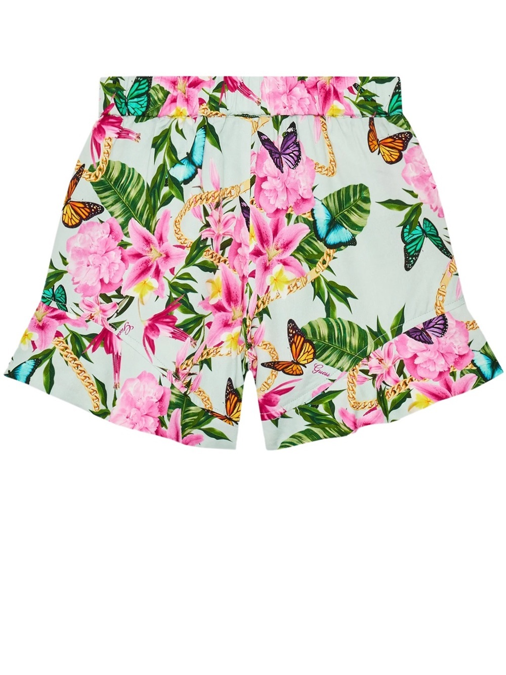 Guess Tropical Floral & Butterfly Print Shorts in Pink and Green